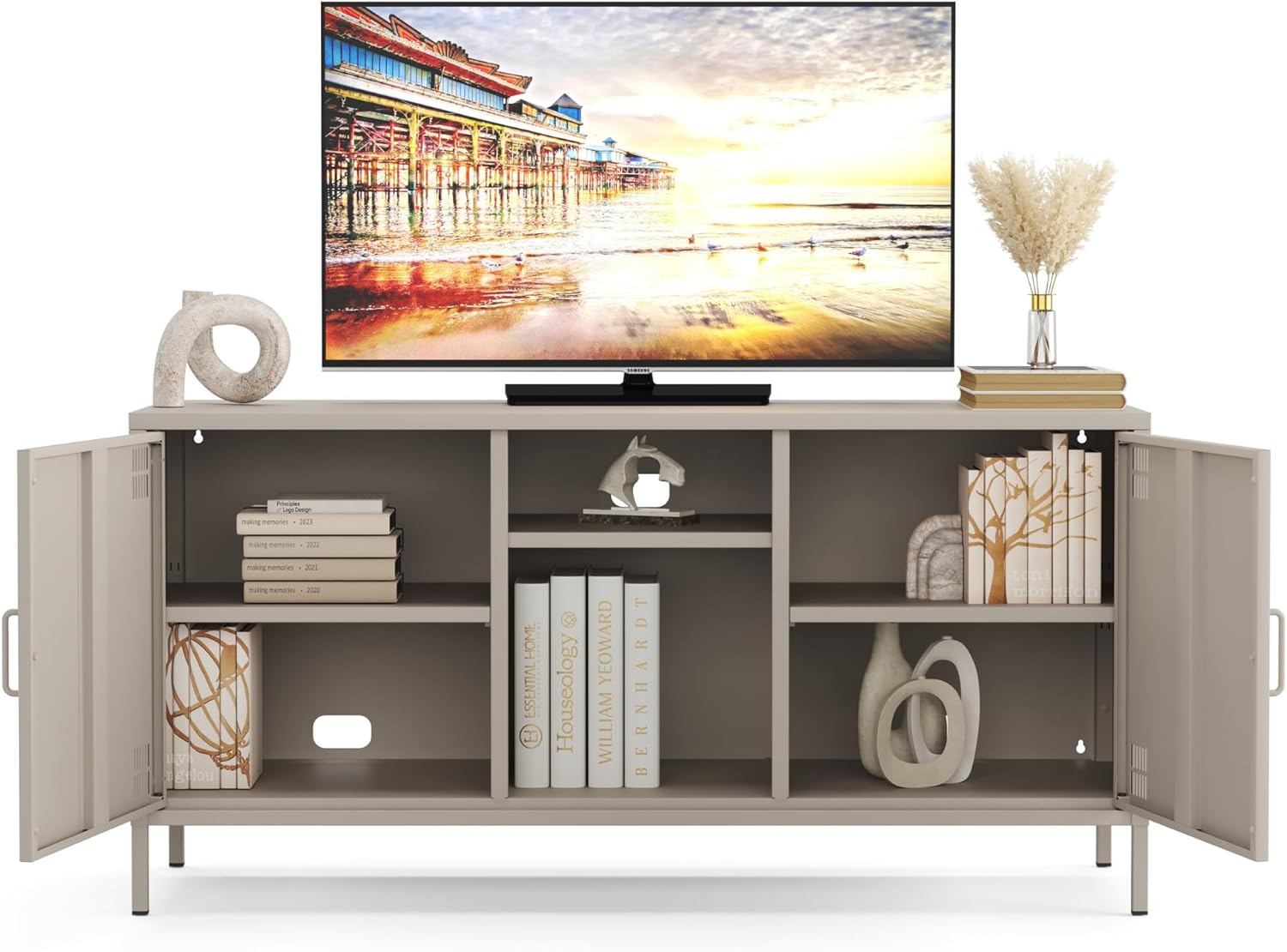 furni24 Metall TV-Schrank – Retro TV Lowboard – Möbel mit Türen und verstellbaren Ablagen – Leicht zu reinigen – Robuste und stilvolle Aufbewahrungslösung für das Wohnzimmer- mit 3 Regalen, Beige