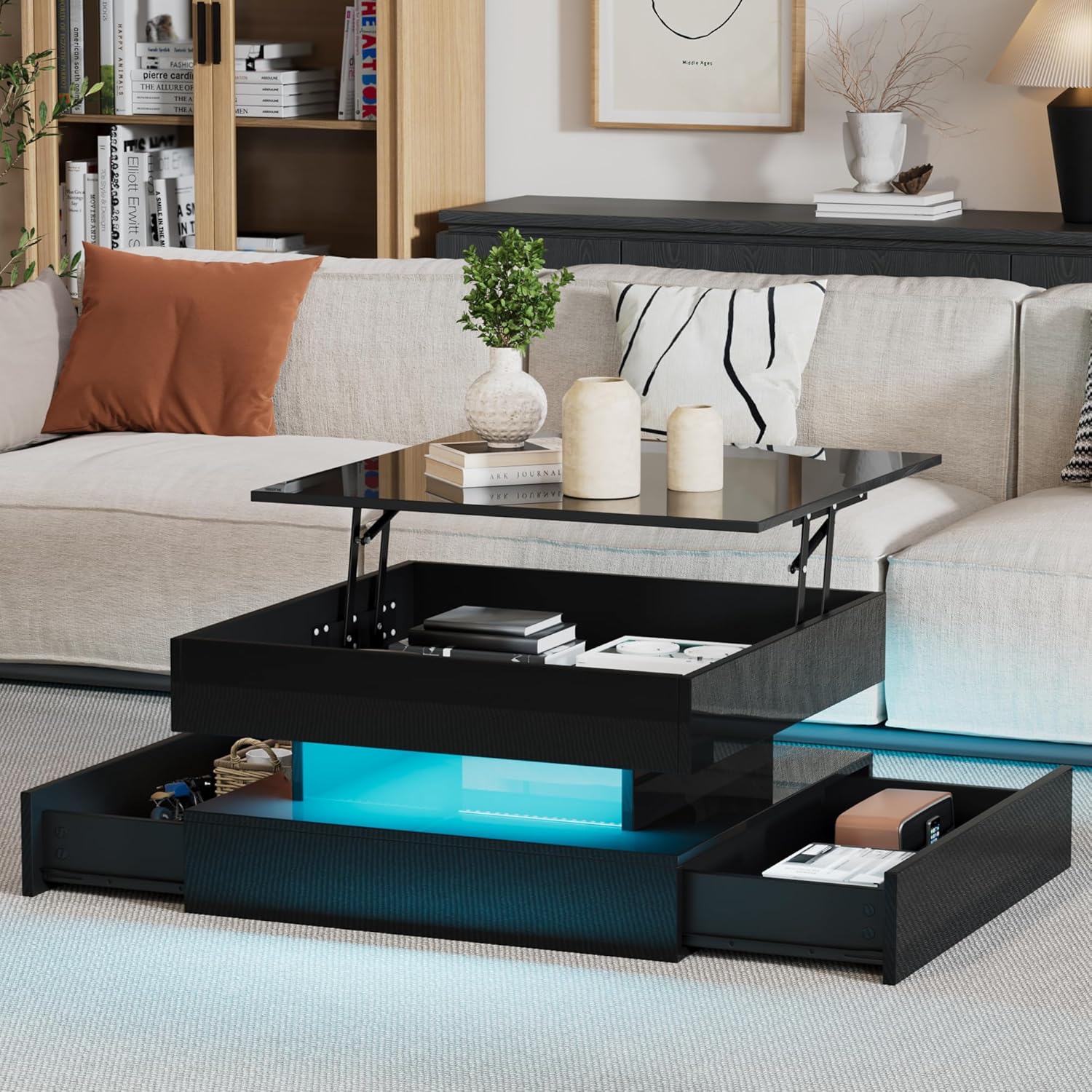 Merax Couchtisch mit Höhenverstellbarer Platte, Hochglanz Wohnzimmertisch mit LED, Sofatisch Kaffeetisch mit 2 Schubladen, Versteckte Stauraum, Quadratische Beistelltische für Wohnzimmer Büro, Schwarz