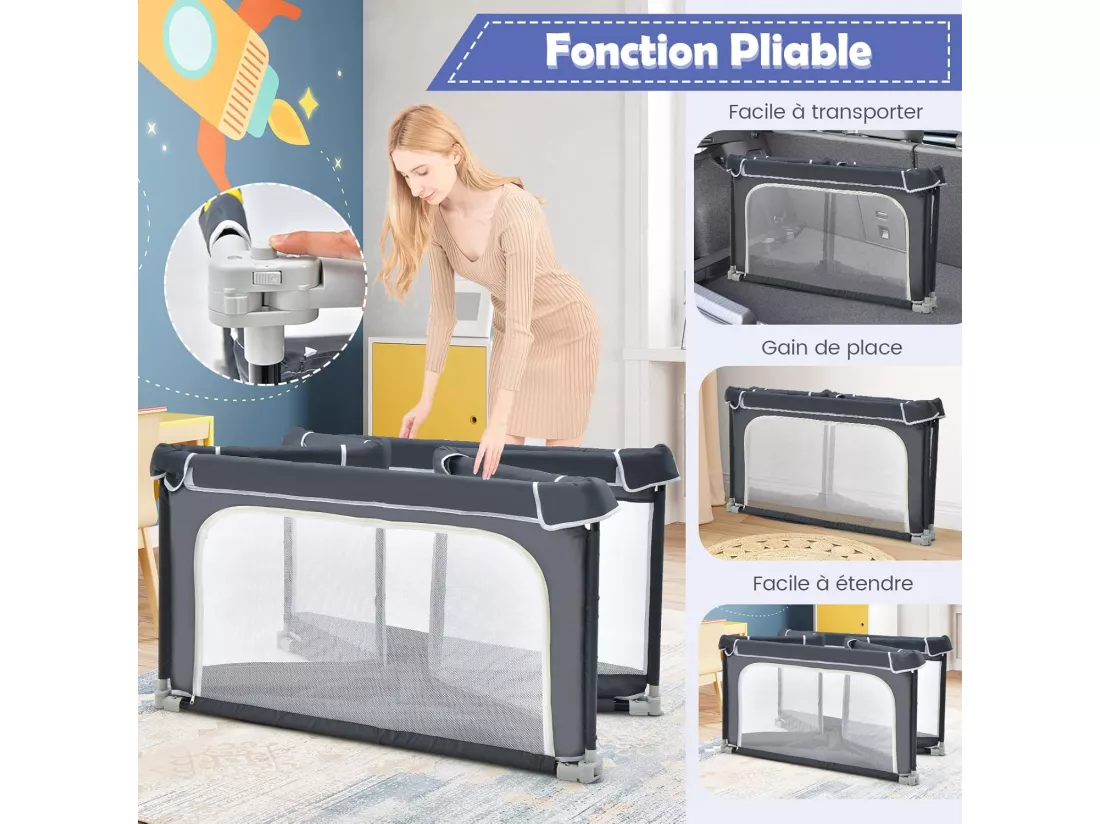 Parc Bébé Pliable 124 x124cm avec Hauteur Scientifique 70cm, Parc de Jeux en Tissu Oxford avec Maille Respirante, 50 Balles Océaniques, 4 Poignées pour Enfants de 10-72 Mois (Gris foncé)