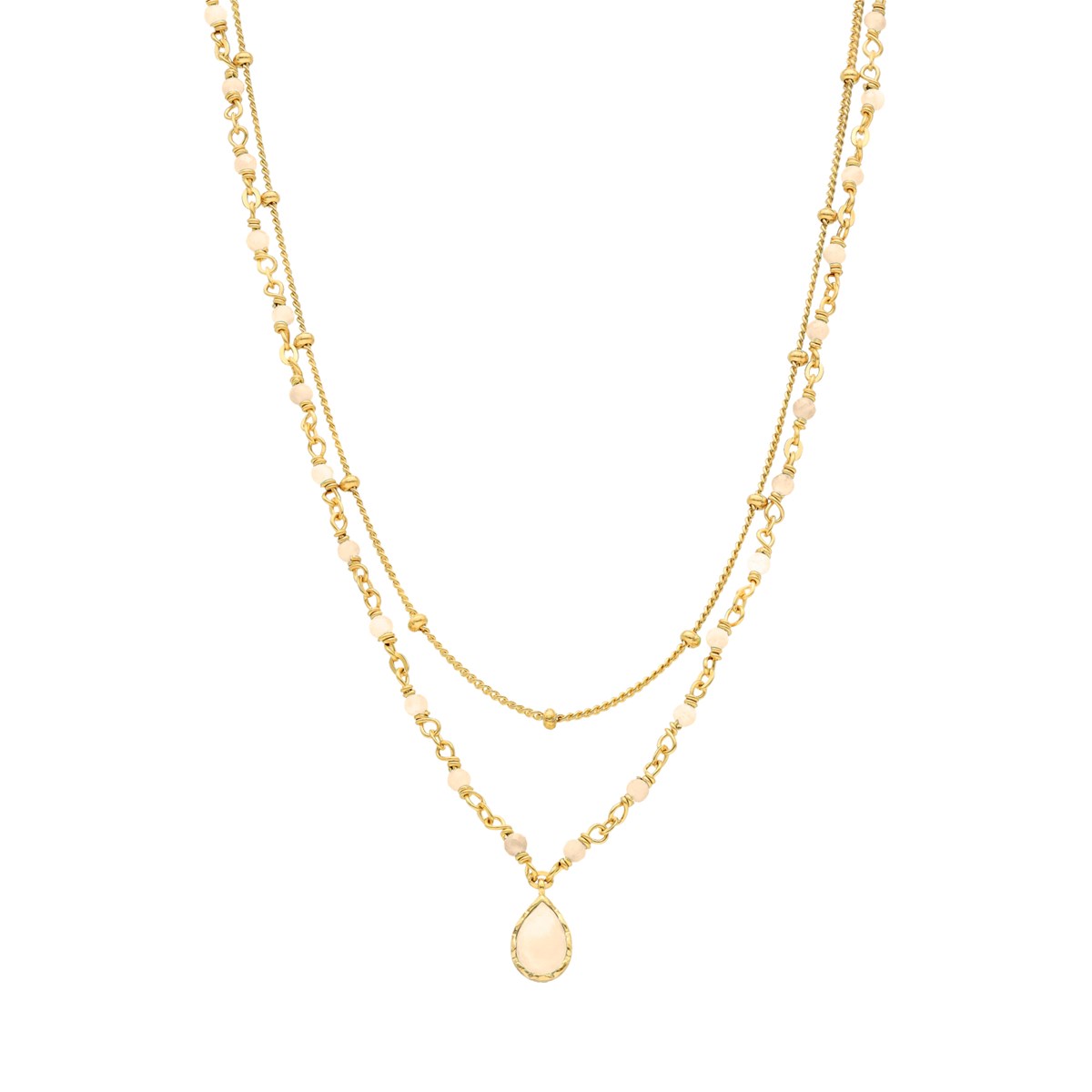Collier Argent Doré Goutte Doubles Chaînes Pierres Opale Rose