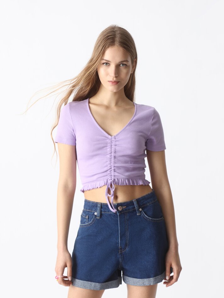 Camiseta de manga curta com nó - Rosa Giz