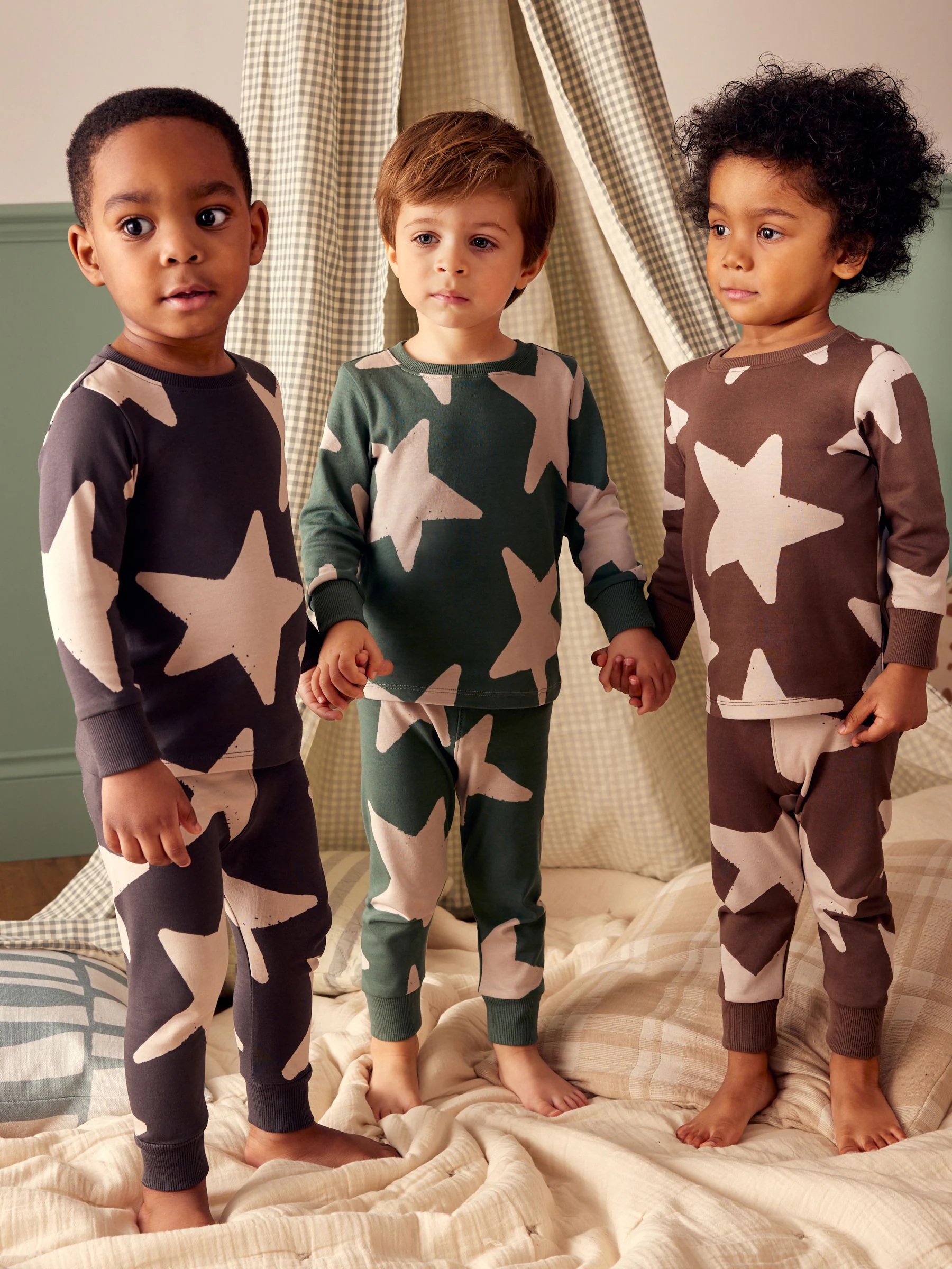 Groen/ecru/bruin met sterren - Verpakking van 3 knusse pyjama's (9 mnd-10 jr)