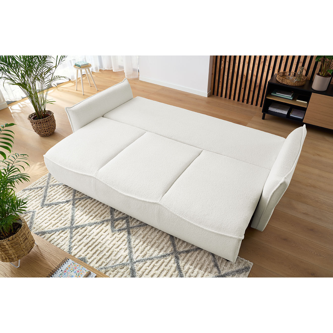Bobochic Canapé 3 places convertible coffre Bouclette Leon blanc - 226x97x90 cm