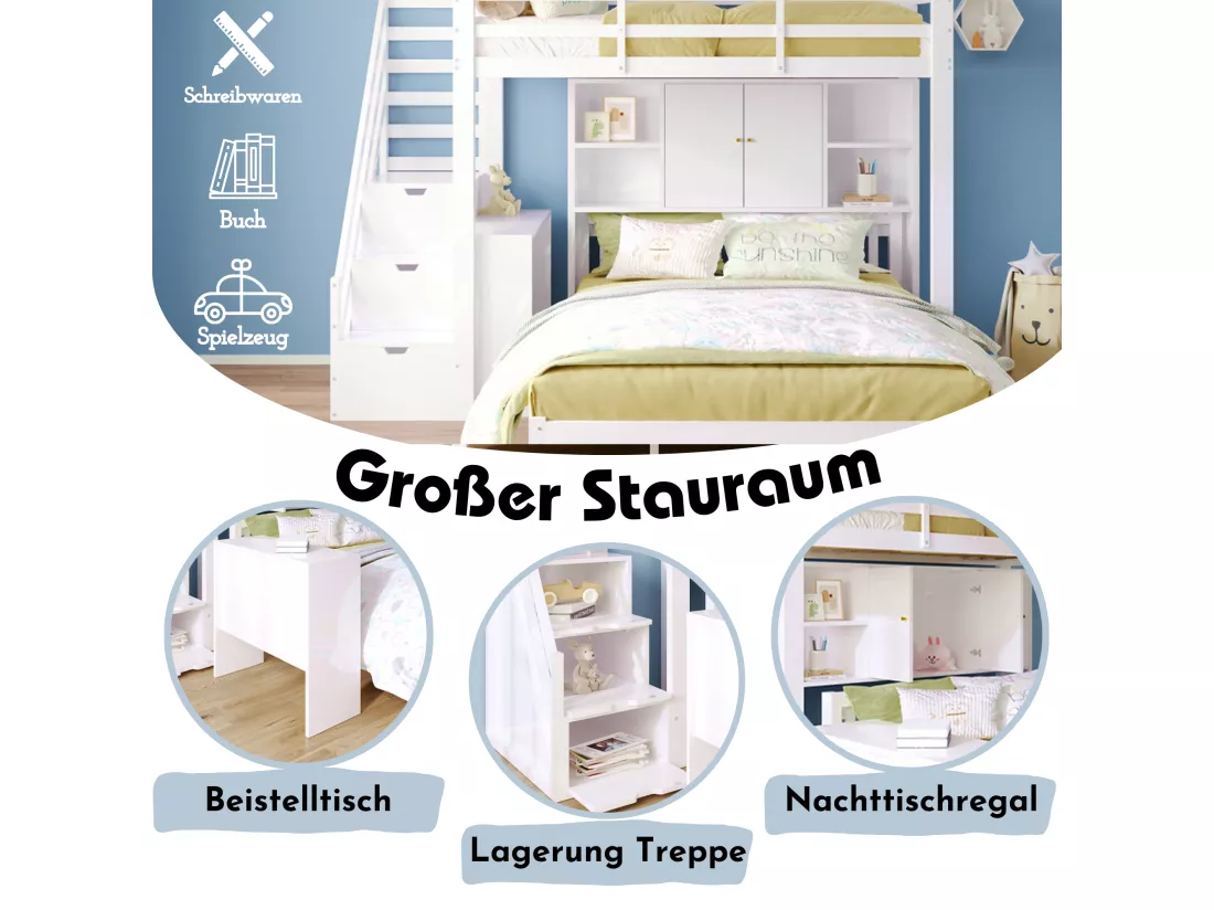Lit superposé enfant 90x200 cm + 140x200 cm - avec escalier de rangement et bureau amovible - en Bois massif et MDF - Blanc