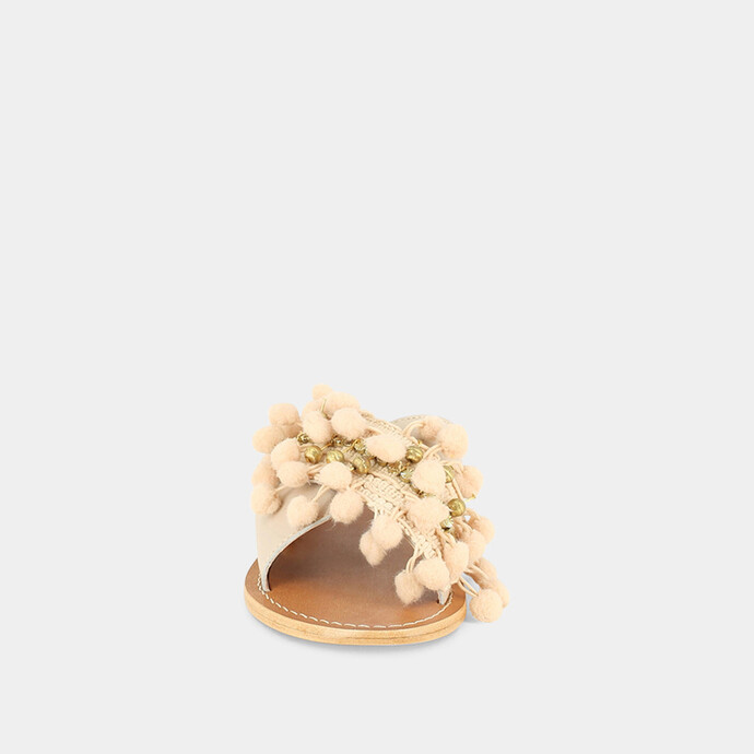 Mules à pompons et perles  en cuir et tissu beige