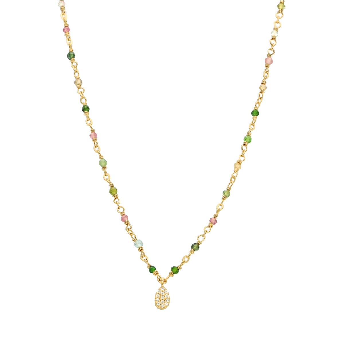 Collier Argent Doré Goutte Serti Blanc Pierres Multi-tourmaline
