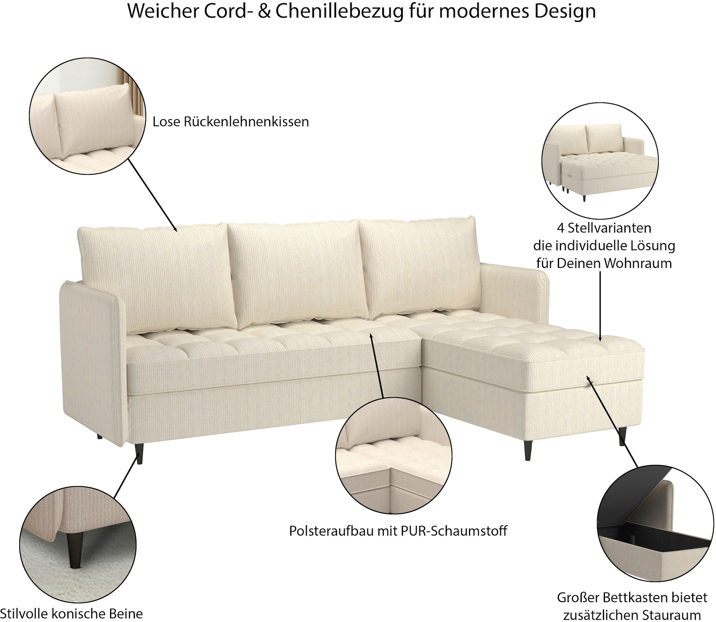 Dorel Home Ecksofa »LINDHUS, L-Form, verschiedene Stellvarianten, Schlaf-Liege« Modulsofa, Recamiere, grosser Bettkasten, Cord, Chenille