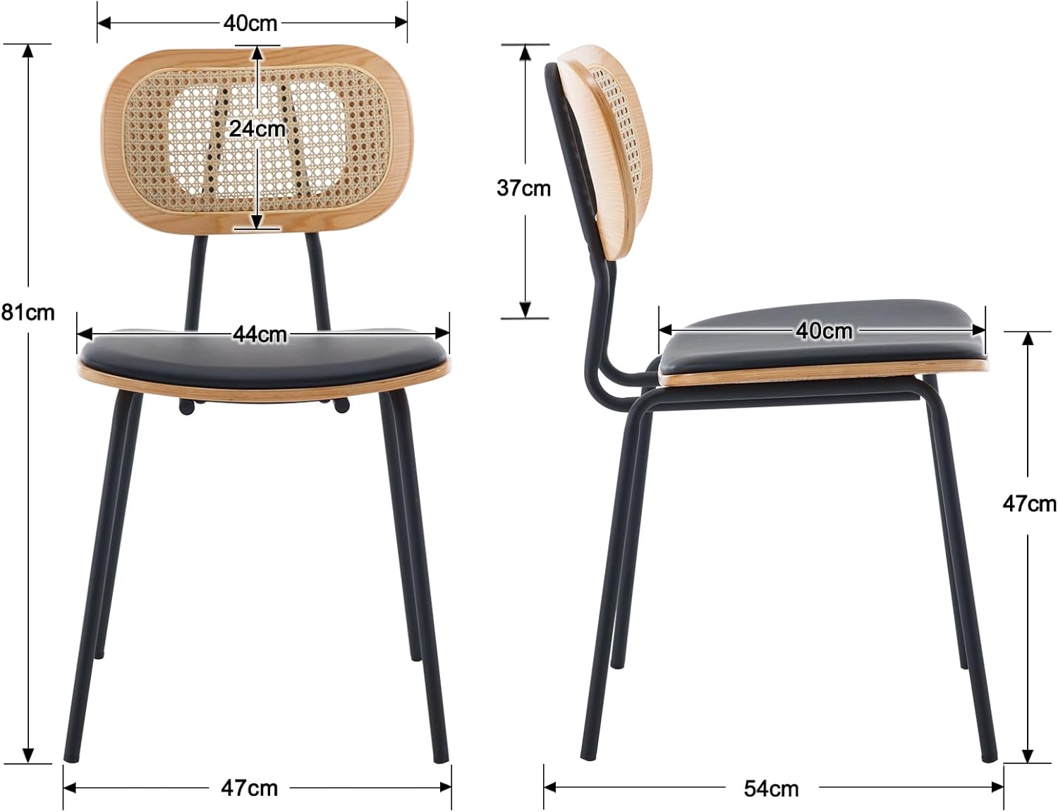 Rattan Esszimmerstühle 2er Set Rattanstuhl mit Metallbeinen Küchenstuhl aus Kunstleder Polsterstuhl für Esszimmer, Schwarz