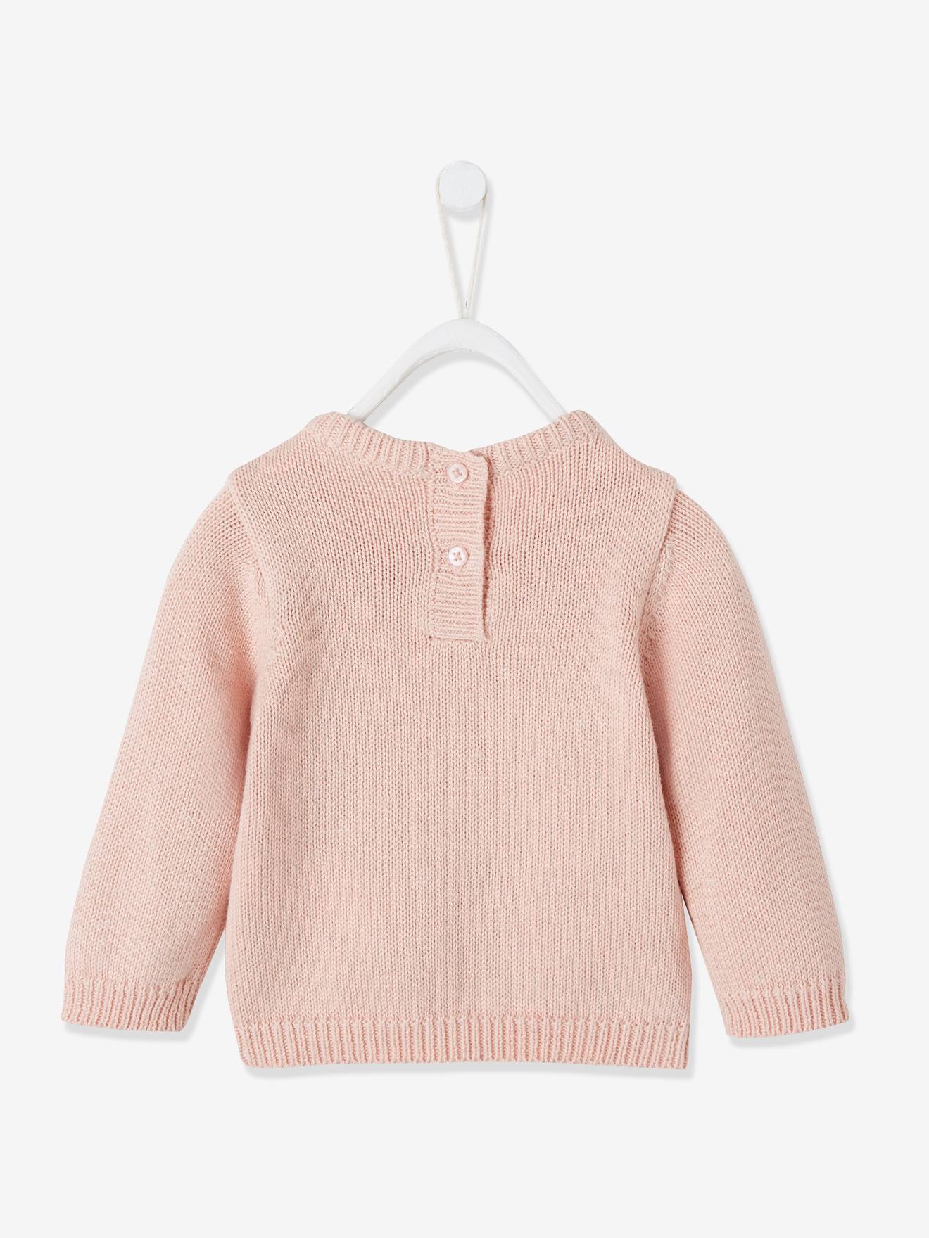 Suéter natalino para bebê com pinheiro e pompons em rosa claro liso.
