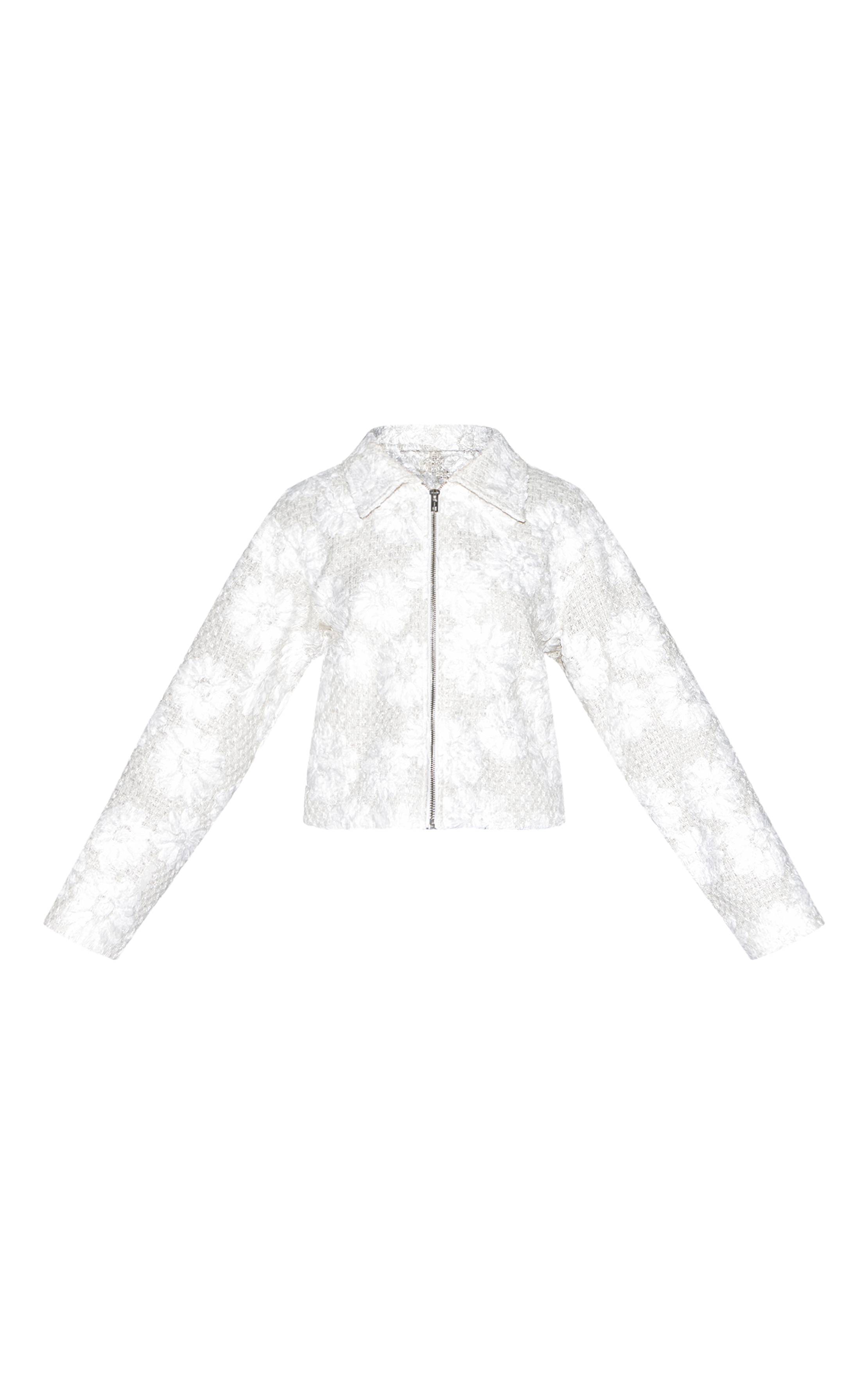 Blanc Veste Zippée Boxy À Détails Floraux