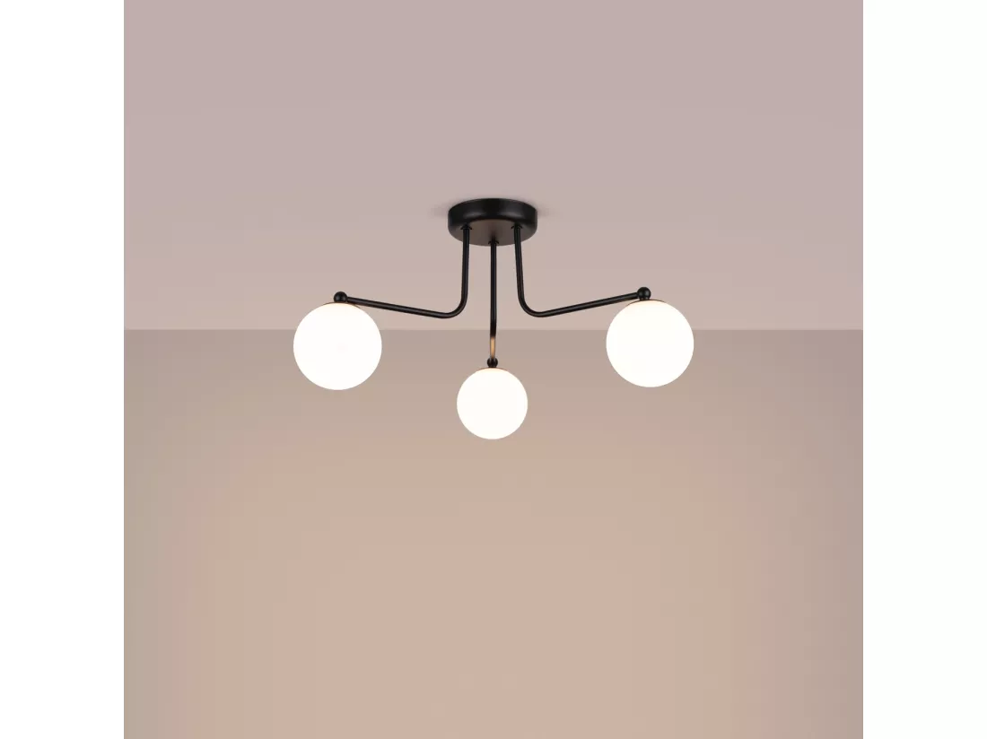 Lustre Astral minimaliste en acier/verre - 3 sources lumineuses - L.62 x H.29 cm - noir/blanc