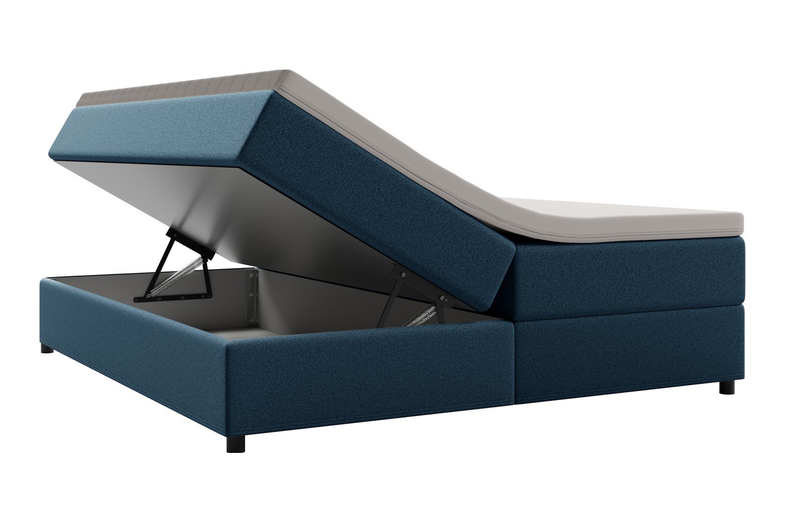 Premium 10 oppbevaringsseng 180x200 cm Magasinseng med oppbevaring, åpnes fra siden. I tekstil terranova 21 blå, med medium fasthetsgrad og premium 10 overmadrass,sorte ben. Sengegavl selges separat.