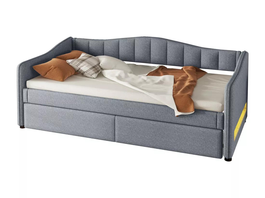 Lit gigogne 90/180 x 200 cm avec 2 tiroirs - tissu en lin - LEDs - gris (sans matelas)