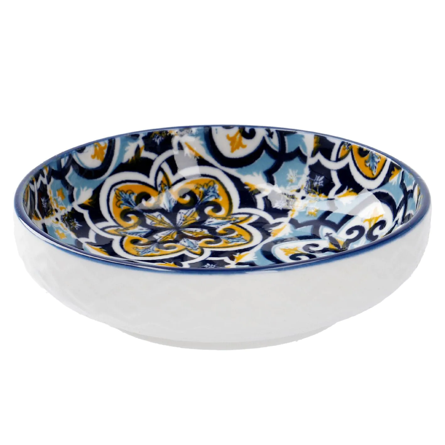 Schale China, flach, blau/gelb, 9 cm