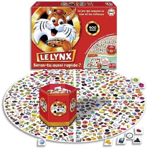 Jeu le lynx contient 1 plateau circulaire 9 pièces 400 cartes d'images 18 jetons 6 coloris 1/6 joueurs