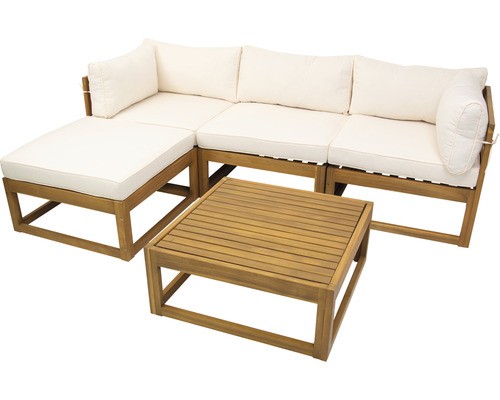 Loungeset voor 4 personen bestaande uit: fauteuil, kruk, houten tafel inclusief kussens