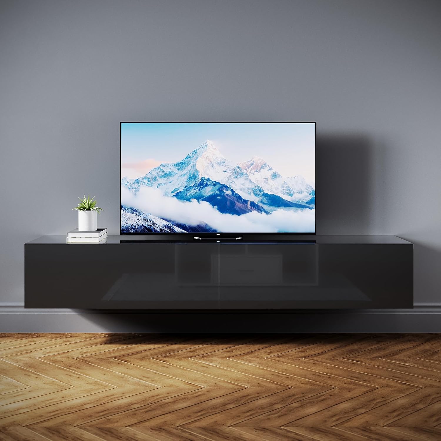SONNI TV-Schrank Modern 180cm, Lowboard Hochglanz Schwarz Hängend/Stehend, TV-Regal mit 2 Schublade, 2 Türen, Griffloses, Fernsehtisch für Fernseher bis 65 Zoll Wohnzimmer & Schlafzimmer, 180x40x30cm.