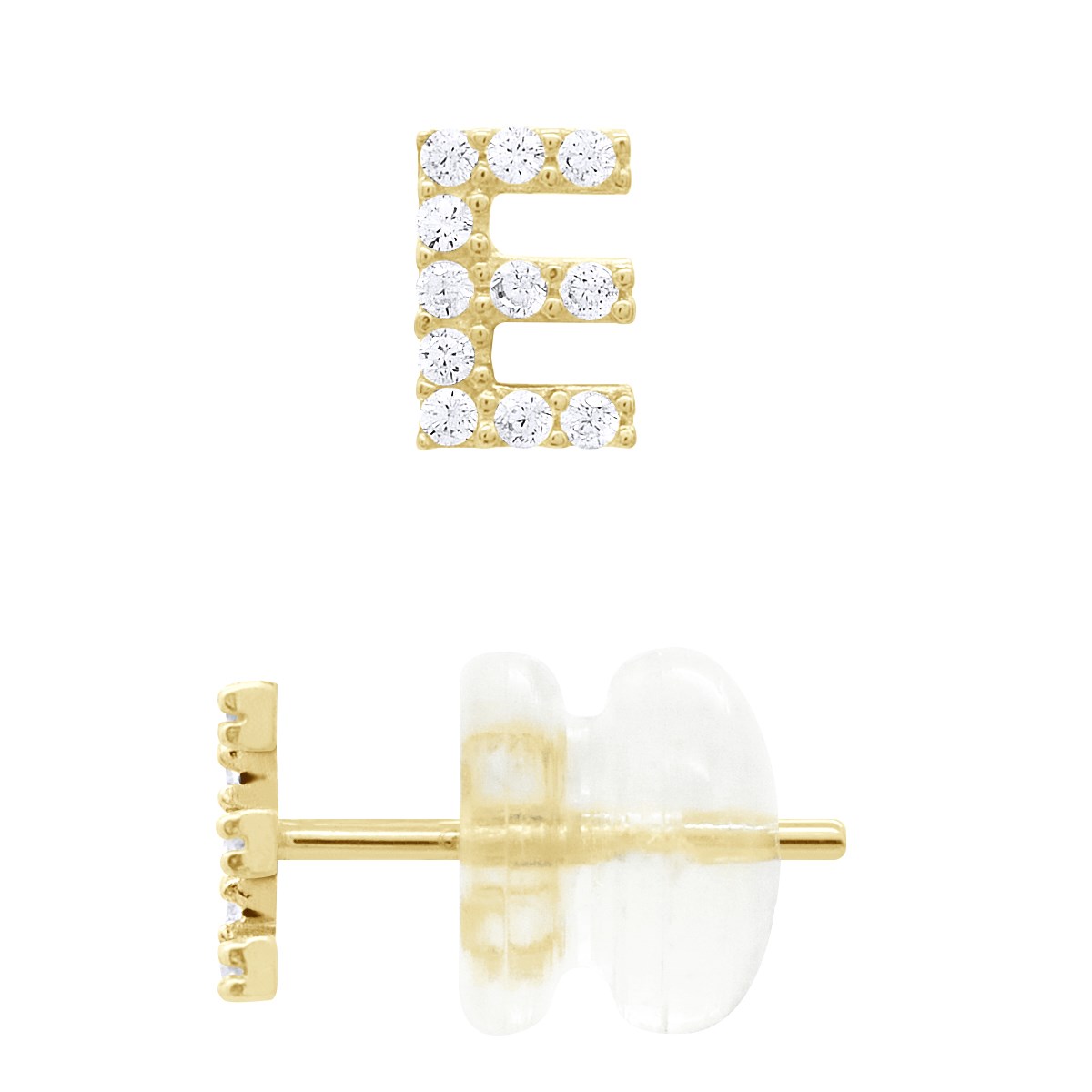 Boucles d'Oreilles Puces - Initiale Lettre E Serties d'Oxydes de Zirconiums - Or Jaune