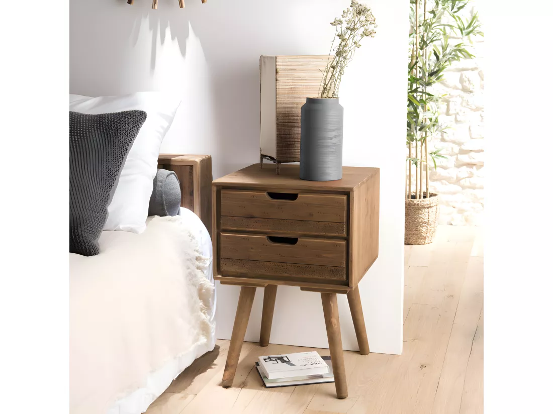 ANDREW - Chevet scandi bois marron 2 tiroirs Sapin