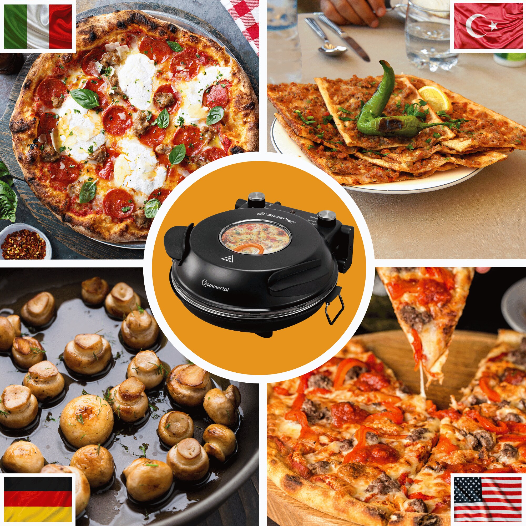 Sommertal PizzaProfi Pizzaofen, 32cm Pizzastein, schnelle 3-Minuten Pizza, 5-teiliges Set mit Pfanneneinsatz, 2x Pizzaschieber, Pizzaschneider, Steinplatte, Sichtfenster, max. 400°C