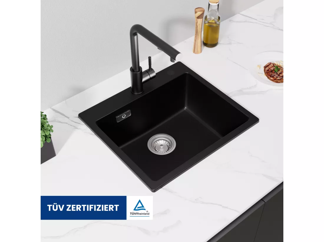 Cecipa max Evier Quartz Noir 50x45cm Evier 1 Bac en Quartz Evier de Cuisine en Granit + Mitigeur avec Douchette Extractible avec 2 Types de Jet Noir