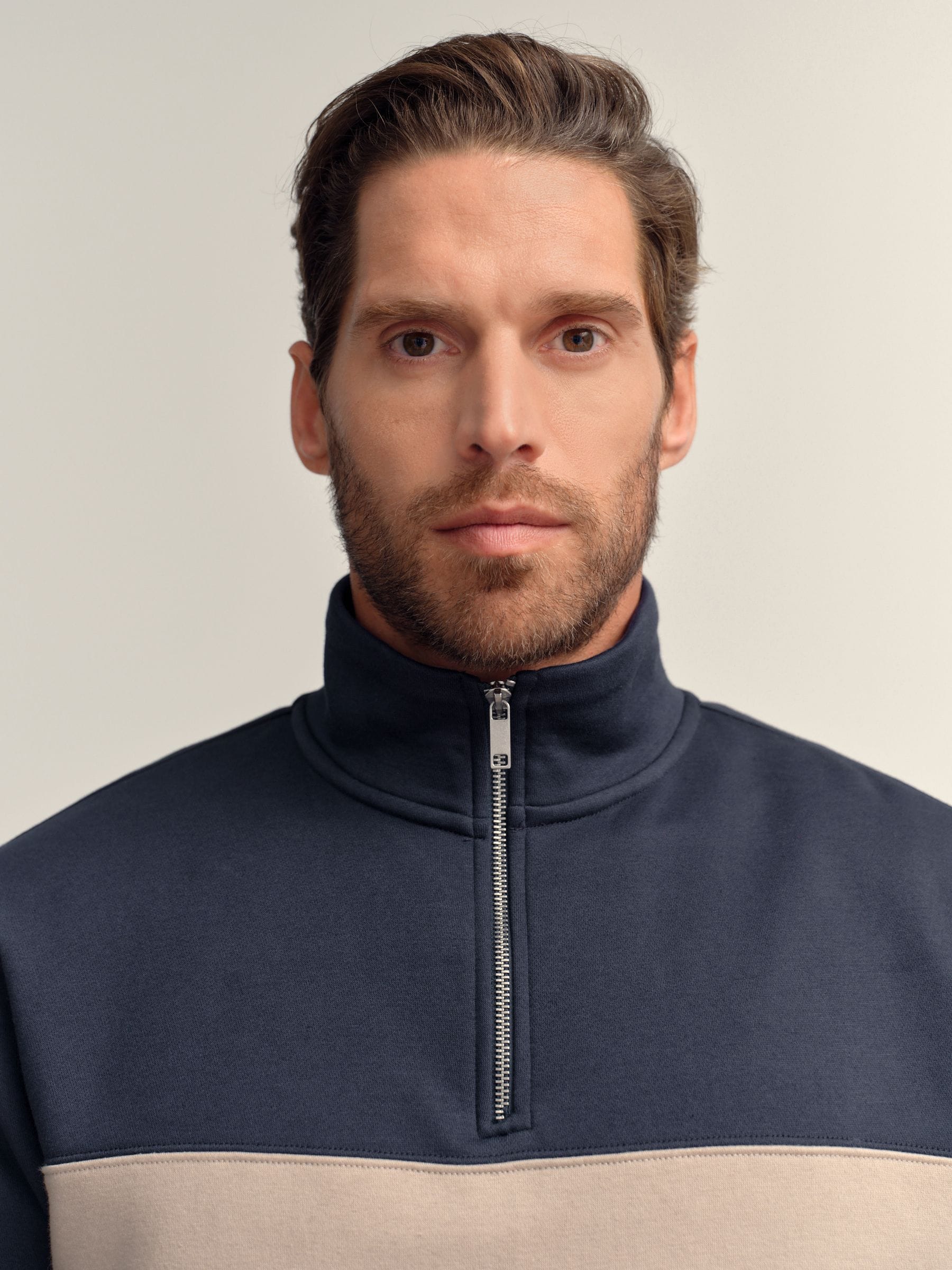 Marineblauw/naturel - Kwartrits - Sweatshirt met colourblocking