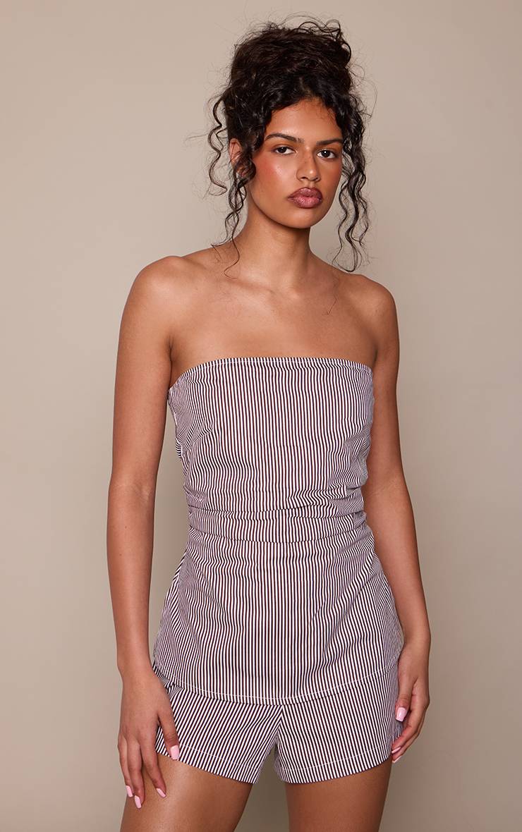 Marron Combinaison Short À Rayures Fines Aspect Lin