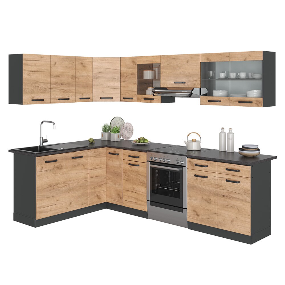 Vicco Eckküche Küchenblock Einbauküche Rick Anthrazit Eiche 270 cm modern Küchen Schränke Spülenunterschrank Eck-Unterschrank Eck-Hängeschrank Arbeitsplatte Küchenmöbel Küchenzeile L-Küche