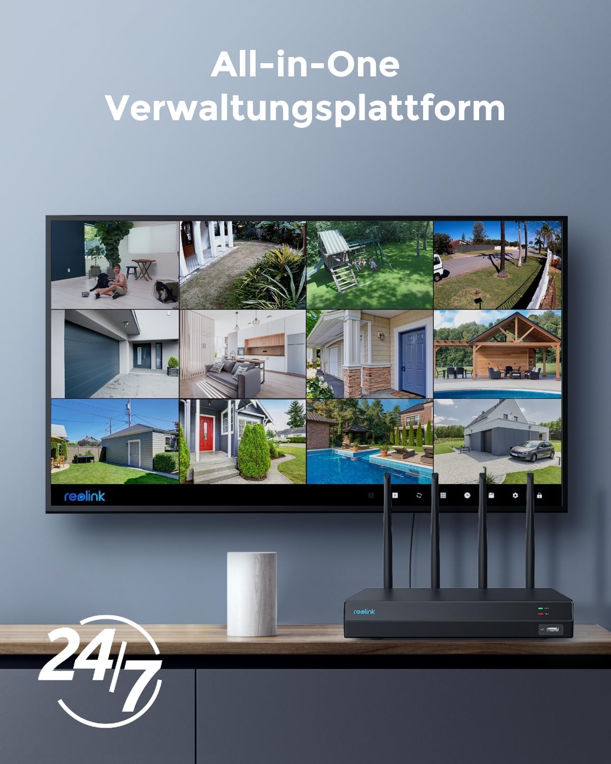 Reolink 4K 12CH WLAN NVR mit Wi-Fi 6, Integrierte 2TB HDD, 2,4/5GHz WiFi, Für Reolink WLAN-&Akku-Kameras(außer 4G Kameras), Keine PoE-Ports, Überwachungssystem, 24/7 Aufzeichnung, RLN12W(Schwarz)