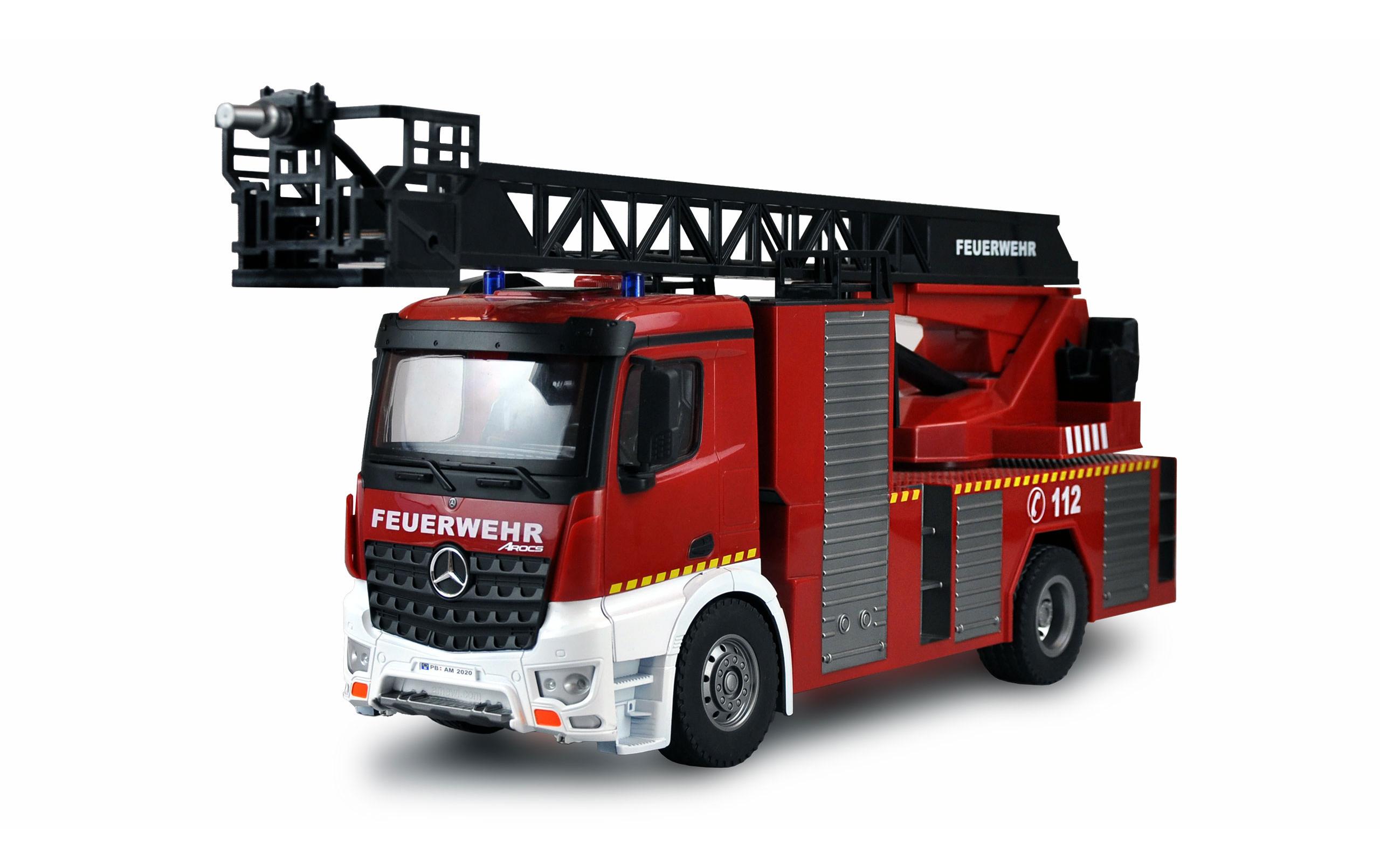 Mercedes Benz Arocs Feuerwehr Drehleiter RTR, 1:18<br>Realistisches Feuerwehrauto mit Beleuchtung, Soundeffekten und Wasserwerfer