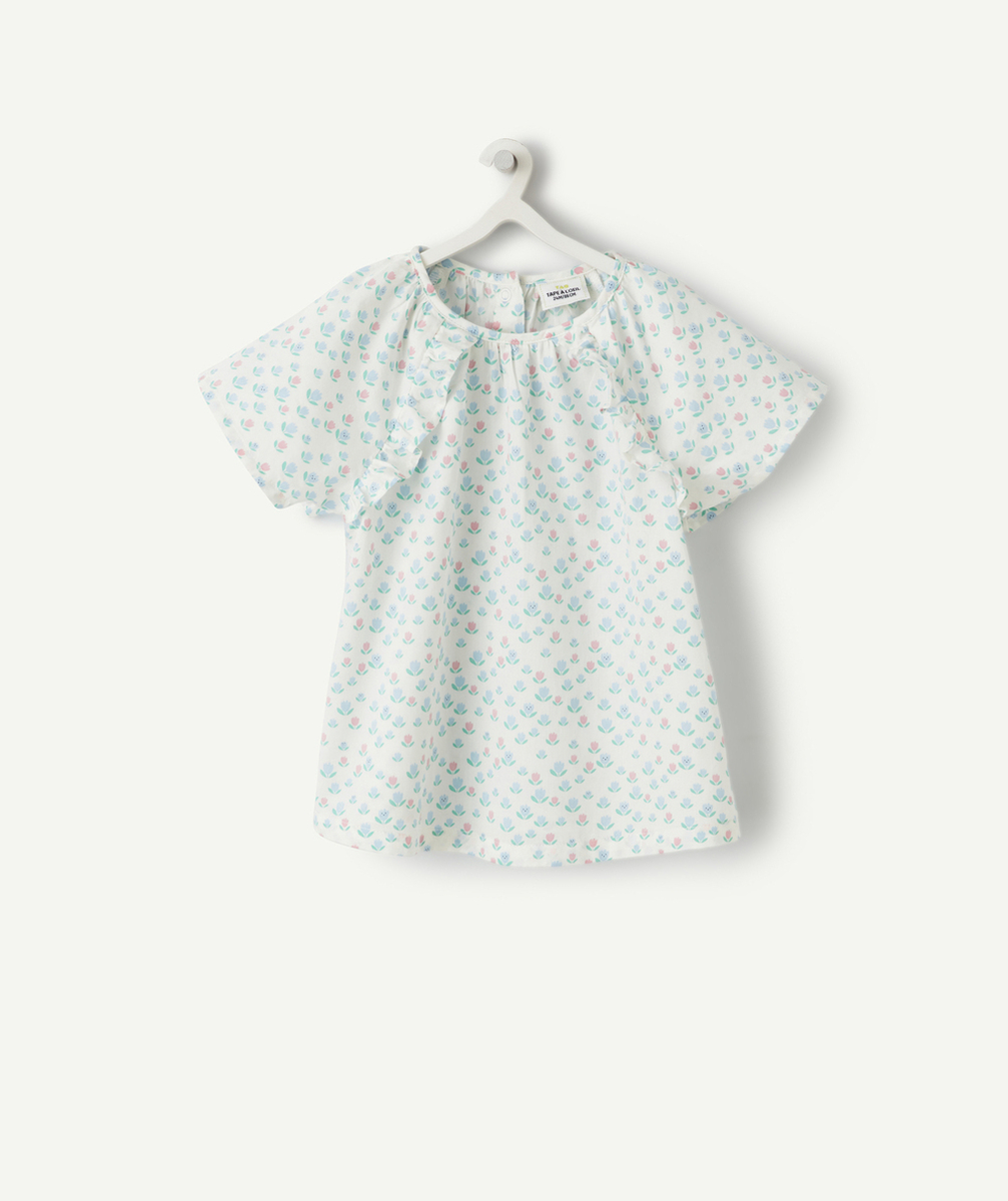 blouse manches courtes bébé fille en coton imprimé fleuri rose et bleu