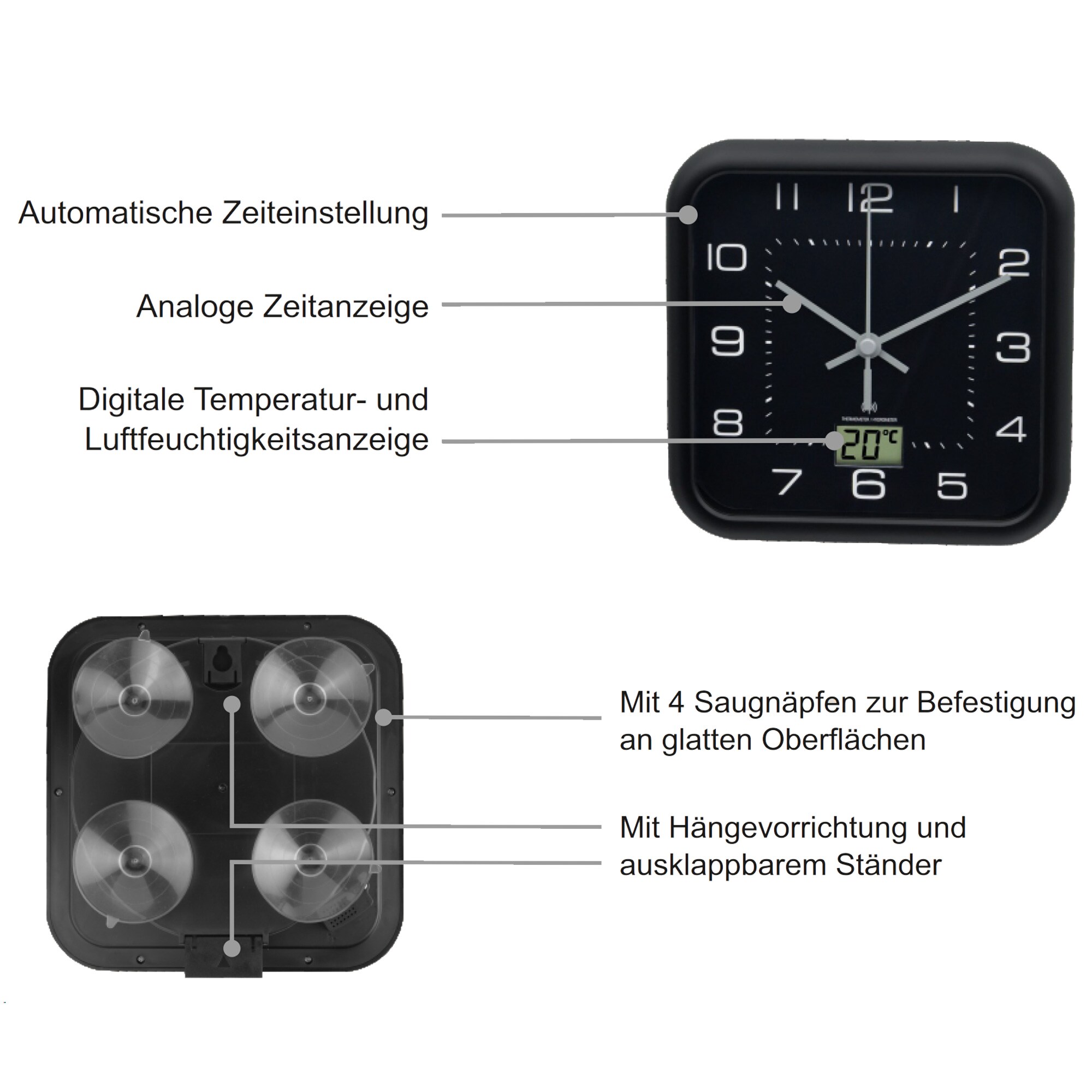 MiravalFunk-Badezimmeruhr mit Saugnäpfen Hygrometer Temperatur