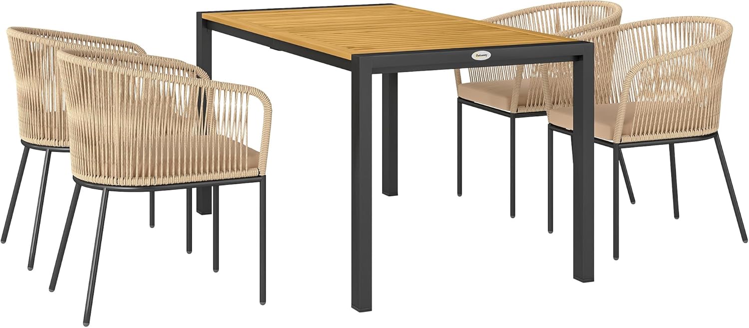 Outsunny 5-teiliges Polyrattan Gartenmöbel-Set für 4 Personen, wetterfest Balkonmöbel mit Tisch 4 Stühle abnehmbar Sitzkissen, Outdoor Terrassenmöbel Lounge-Set für Balkon, Garten, Naturholz+Khaki