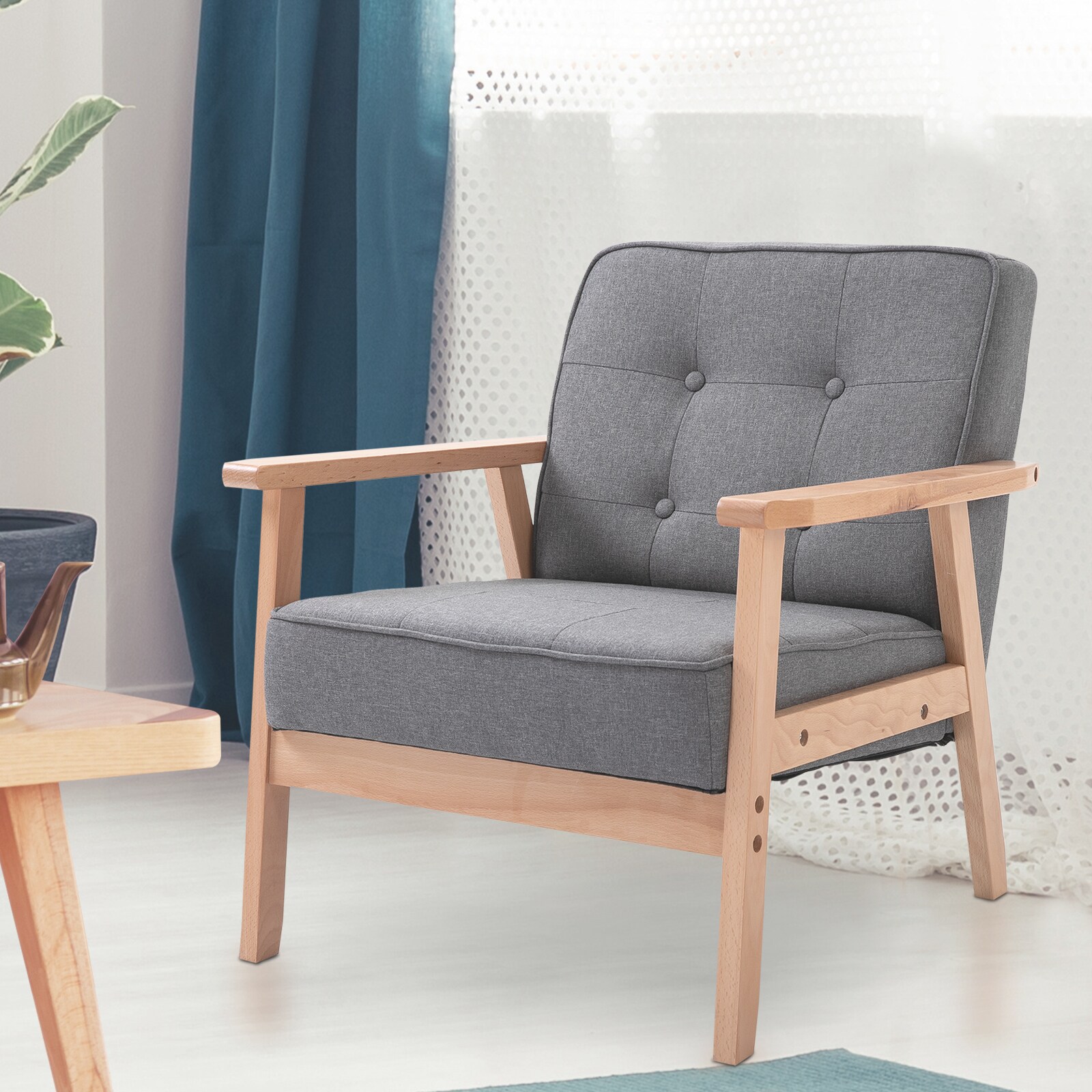 HOMCOM Polsterstuhl mit Armlehnen grau, natur 64,5 x 70 x 70 cm (BxTxH)