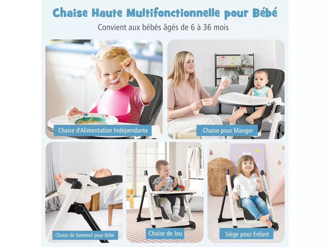 Chaise Haute Bébé Pliable Multifonctionnelle, Chaise d'Alimentation avec Double Plateau Réglable, 7 Hauteurs et 5 Angles d'Inclinaison, Roues Verrouillables, 6-36 Mois, Max 15KG, Gris Foncé