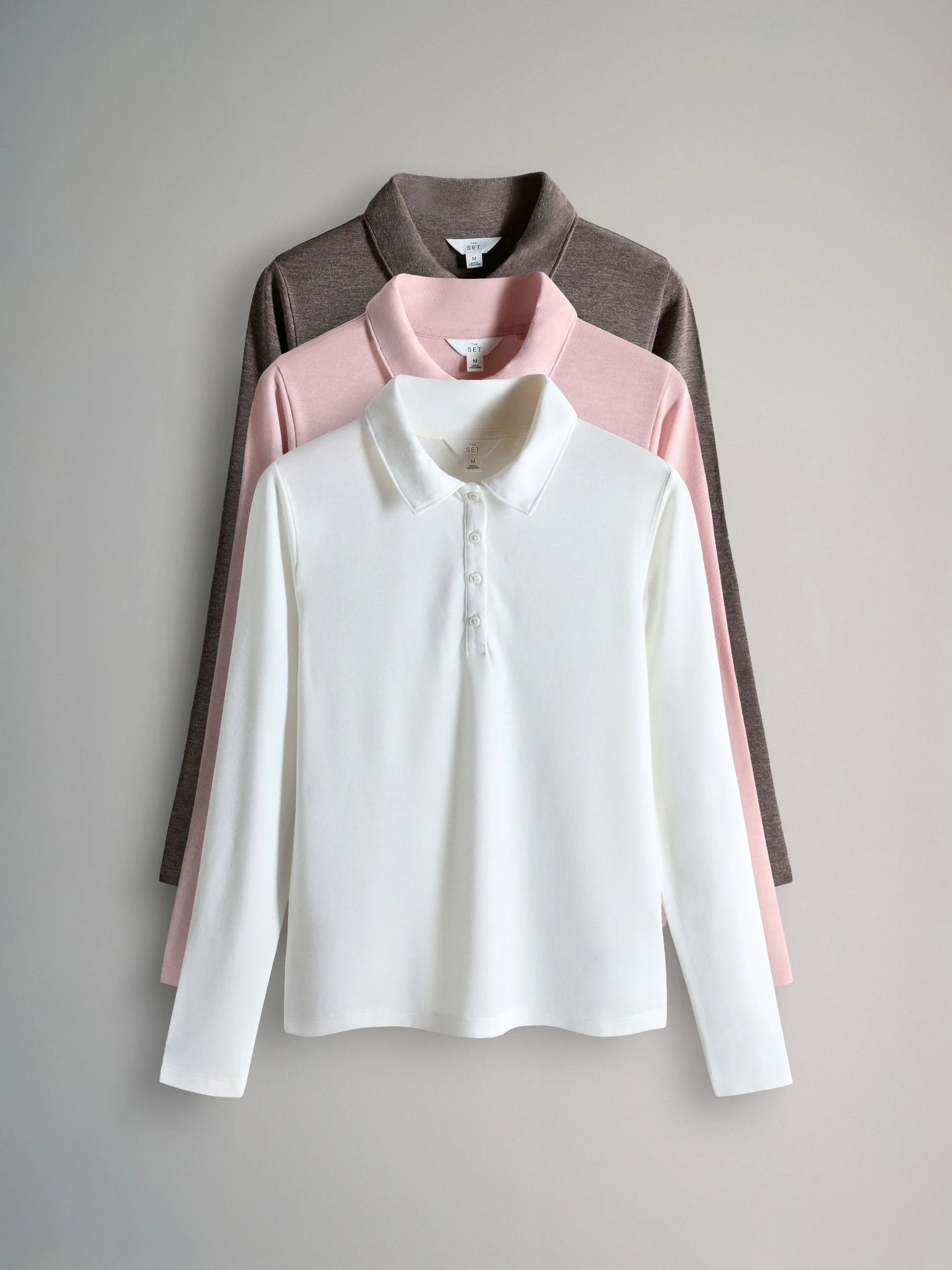 Bruin/roze/crèmekleurig - The Set 3 Pack Long Sleeve 100% Cotton Slub Polo T-Shirts