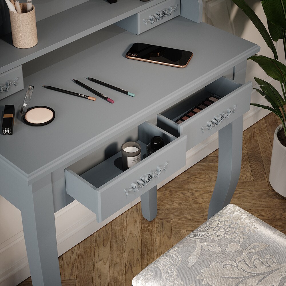 Vicco Schminktisch Frisiertisch Kosmetiktisch Meghan Grau Schminkspiegel Hocker 75x147 Barock Schlafzimmerkommode Schminkkommode Schwenkspiegel Schublade Aufbewahrung Frisierkommode Make-Up-Tisch