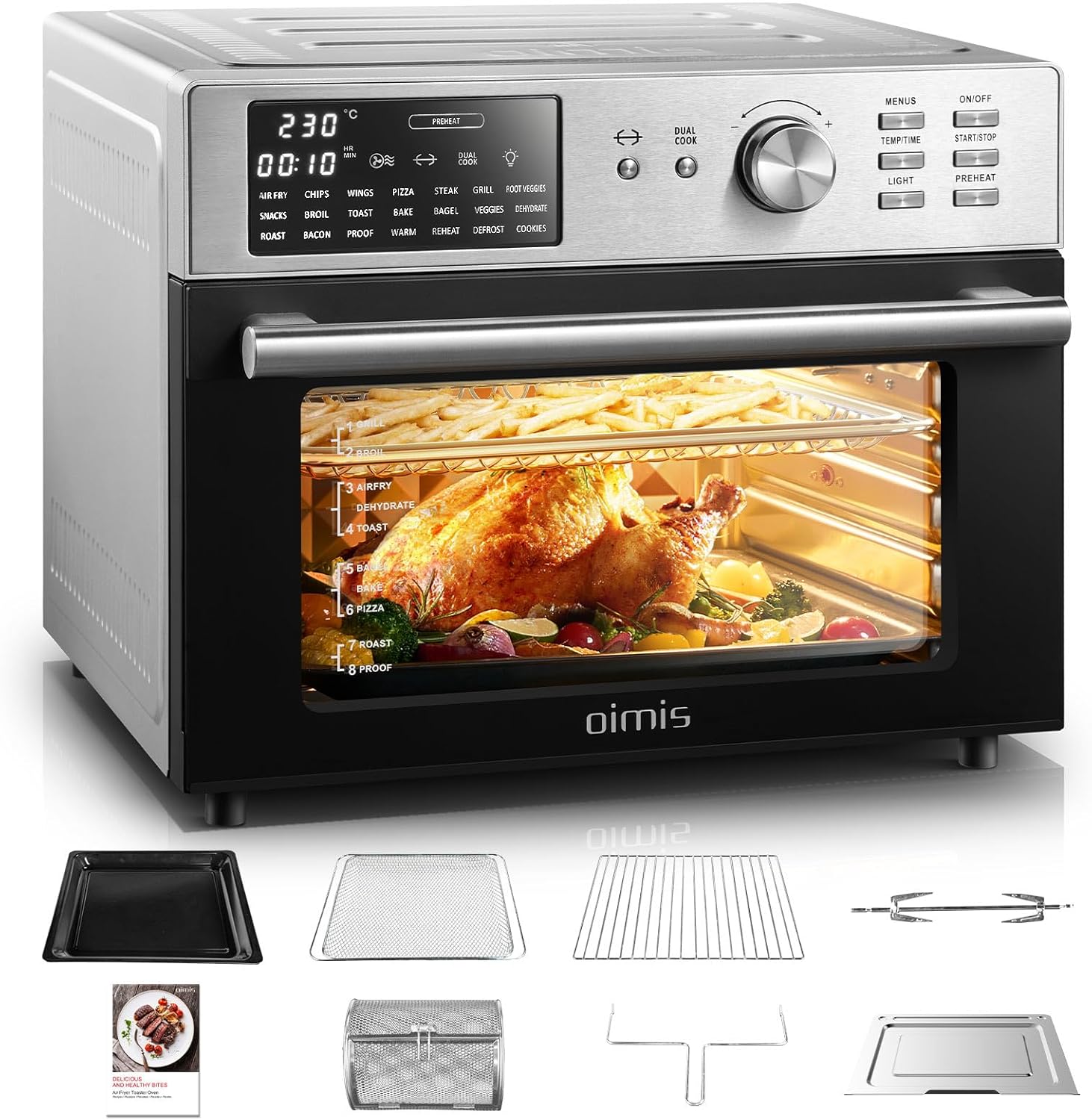 Oimis Friteuse à Air Four 30L, Friteuse Sans Huile 1800W, Friteuse à Air Chaud avec 21 Programmes Prédéfinis, Cook Rôtissoire Déshydrateur, 7 Accessoires, Livre de Recettes, Four à Air Chaud,Argent