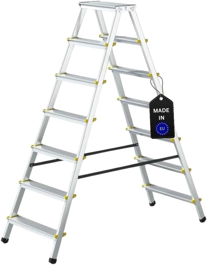 PROREGAL Economy Basic Trapladder, dubbelzijdig toegankelijk, 2 x 7 treden, werkhoogte 3,44 m, draagvermogen 150 kg