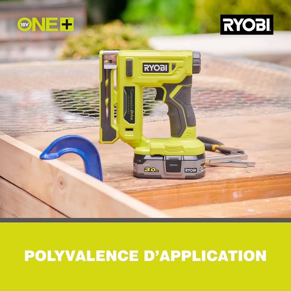 RYOBI - Agrafeuse 18V - agrafes dos 9,4 mm, longueur 6,35 mm à 14,3 mm - chargeur 90 agrafes - Livrée avec agrafes et crochet de maintien - R18ST50-0 : Bricolage