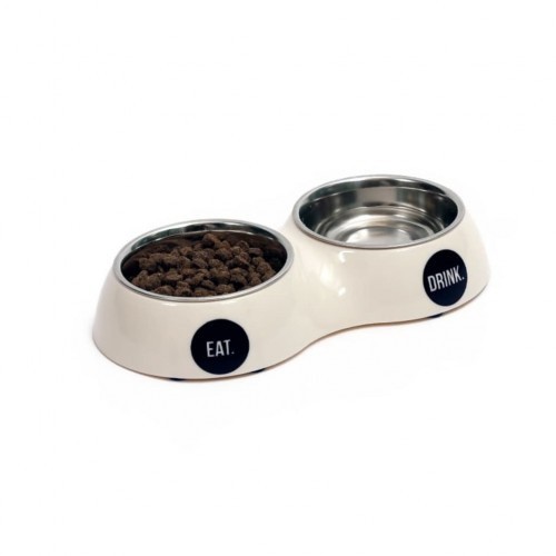 Comedouro duplo de design exclusivo para animais de estimação na cor creme.