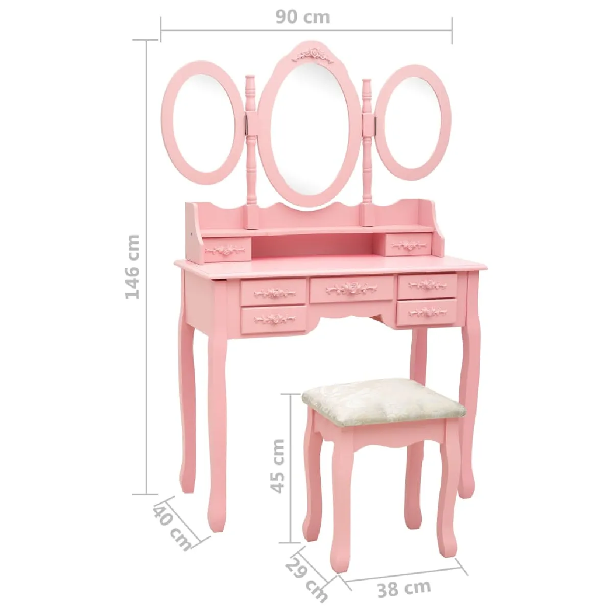 vidaXL Coiffeuse avec Tabouret - Rose