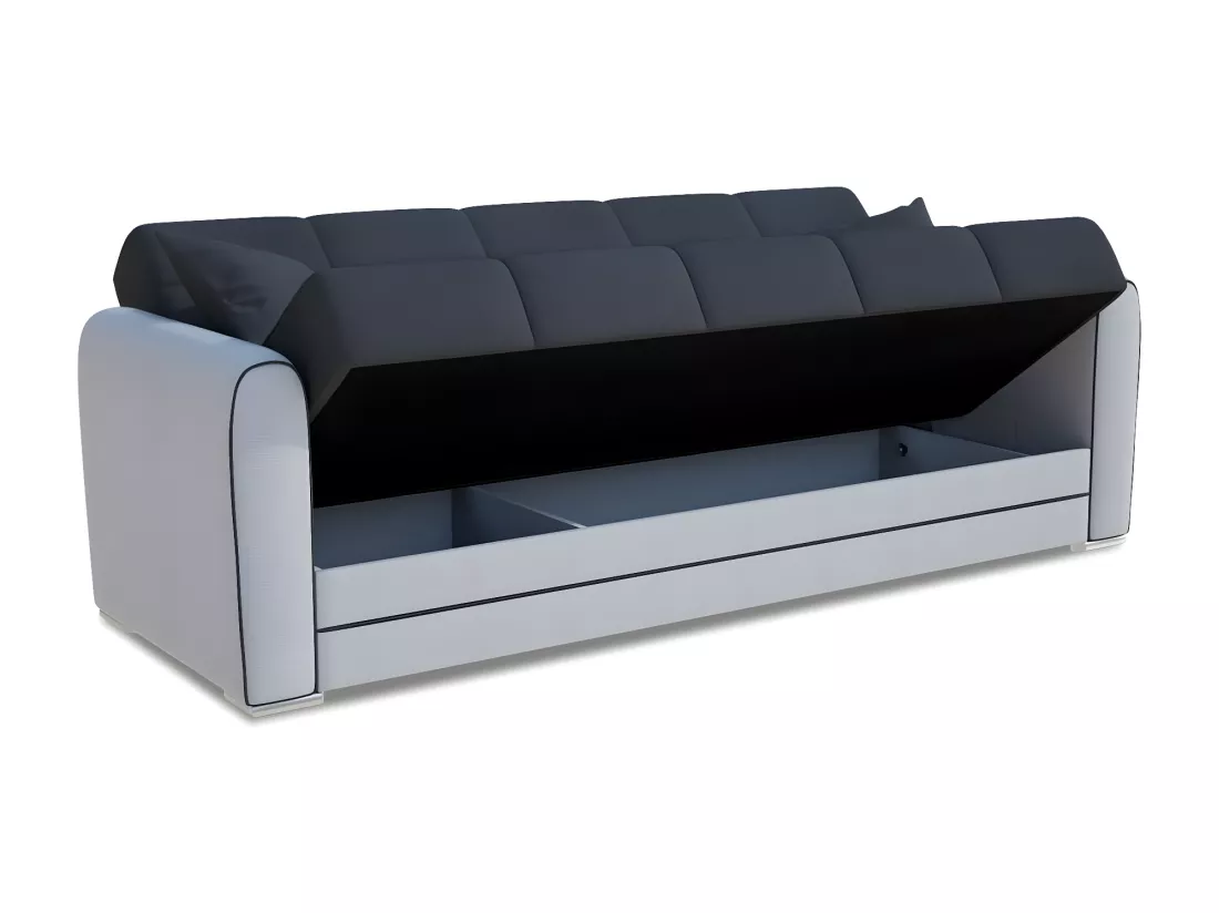 Canapé Luis, Canapé conteneur 3 places en éco-cuir et tissu, Canapé de salon en tissu rembourré avec ouverture clic-clac, 220x84h91 cm, Blanc et Vert