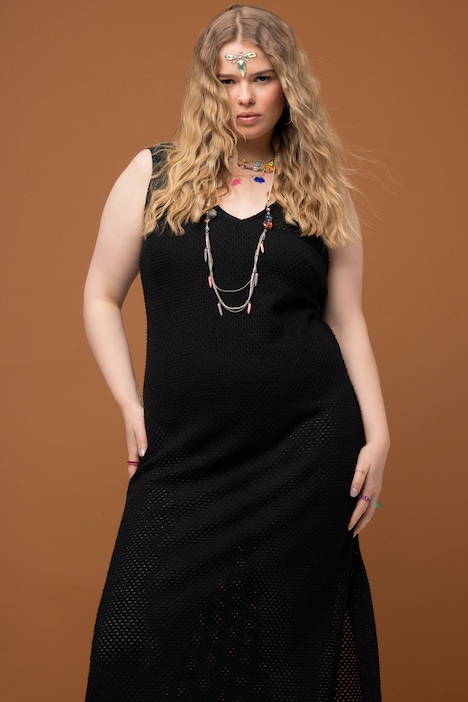 Netzkleid, Midilänge, Loose Fit, V-Ausschnitt, ärmellos