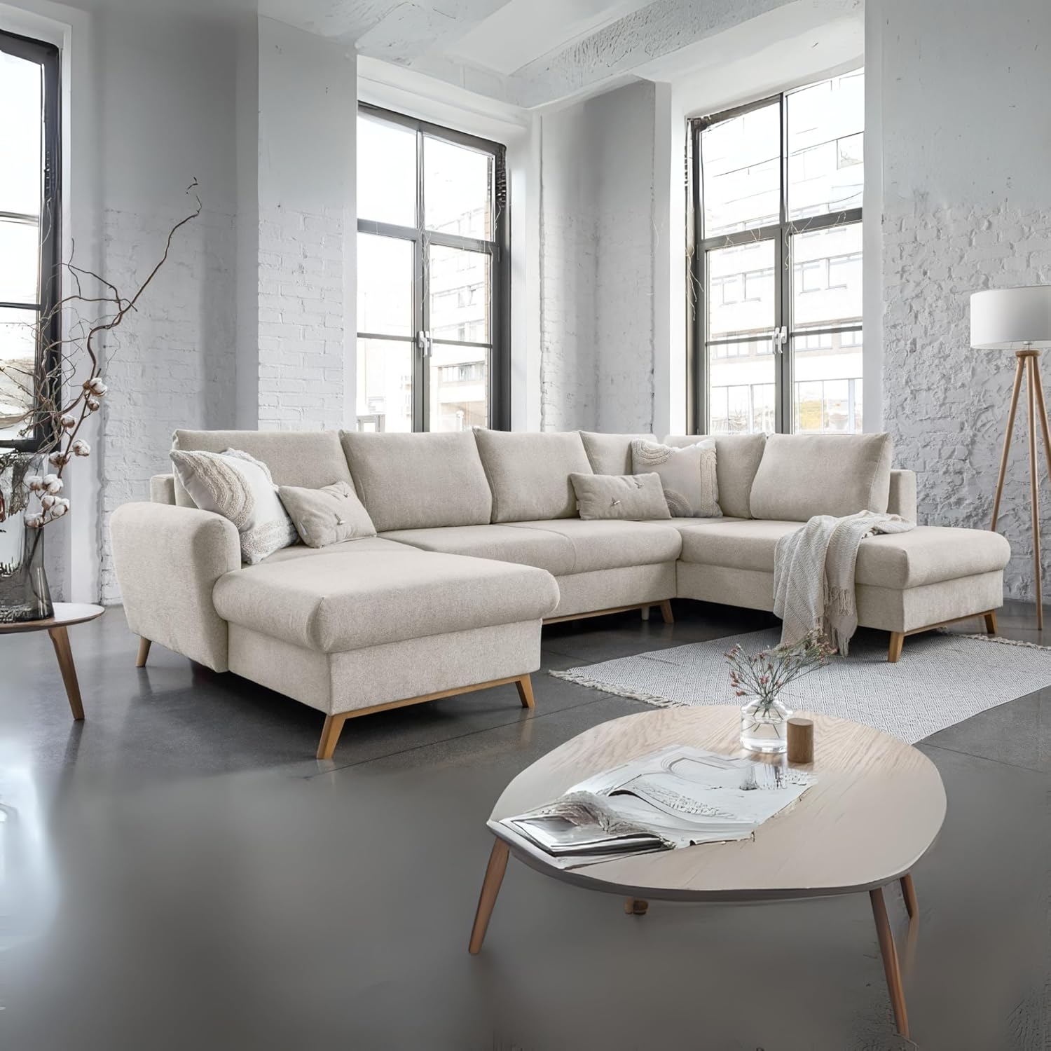 MIUFORM Scandic Lagom mit Bettkasten | 8 Sitzer Sofa | U-Form rechts | 312x202x90cm Couch | Klappsofa mit Schlaffunktion (Beige)