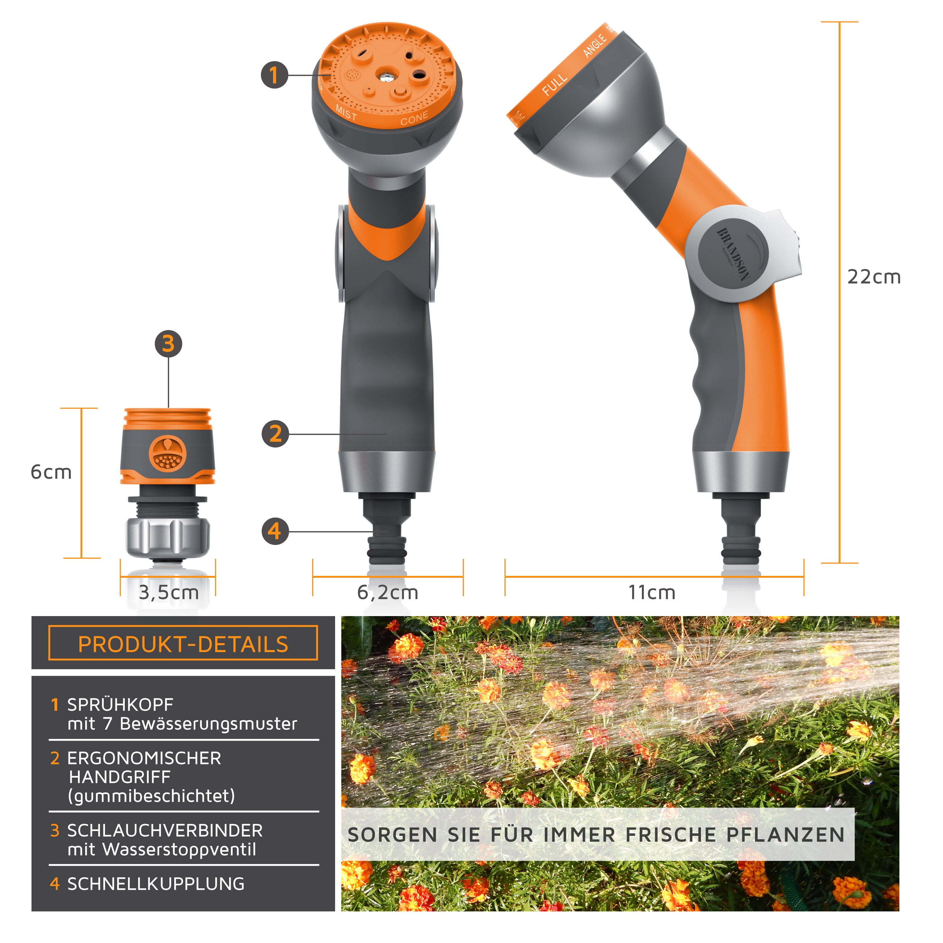 Brandson Gartenbrause 7 Sprühprofile - Garten Handbrause für Gartenschlauch - Pistolengriff mit Halteclip - 1-8 bar Wasserdruck - regelbar