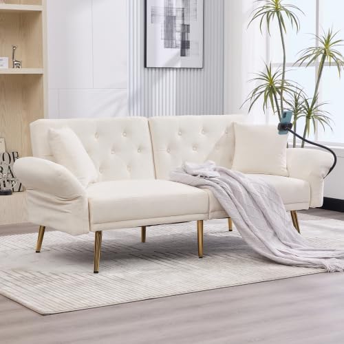 Klappsofa Beige 2-Sitzer mit USB-Anschluss & Seitentasche | Multifunktionales Chenille Sofa für Wohnzimmer, Studenten & Apartment | Schlafsofa mit Verstellbarer Rückenlehne