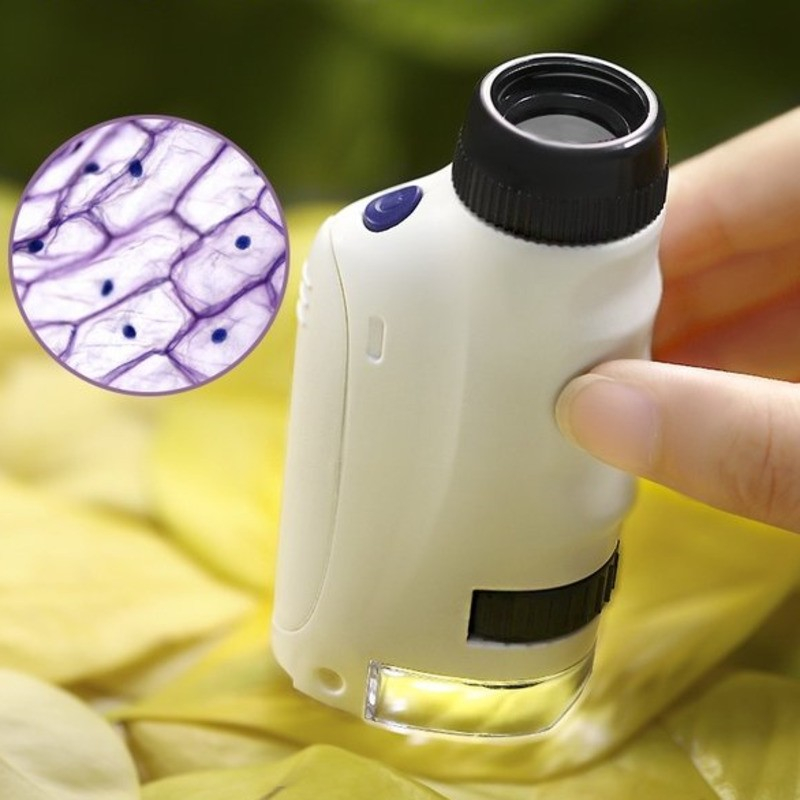 Mini Kinder Taschen Mikroskop 60x/120x Vergrösserung Lern Spielzeug mit LED Licht (Batteriebetrieben) - Weiss