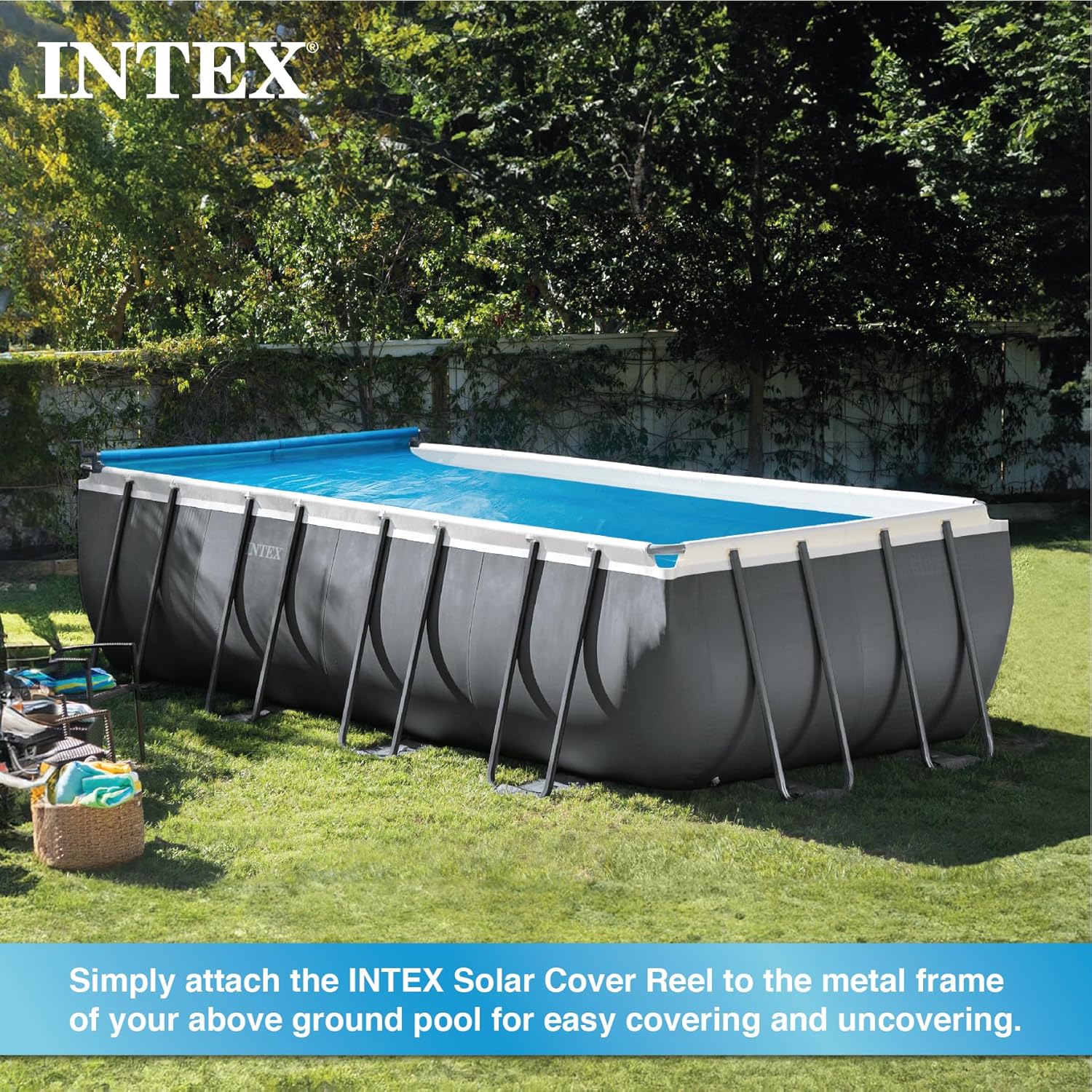 Intex 28051 – Solar-Abdeckrolle, für Pools 274–488 cm, Aluminium und PVC, Grau