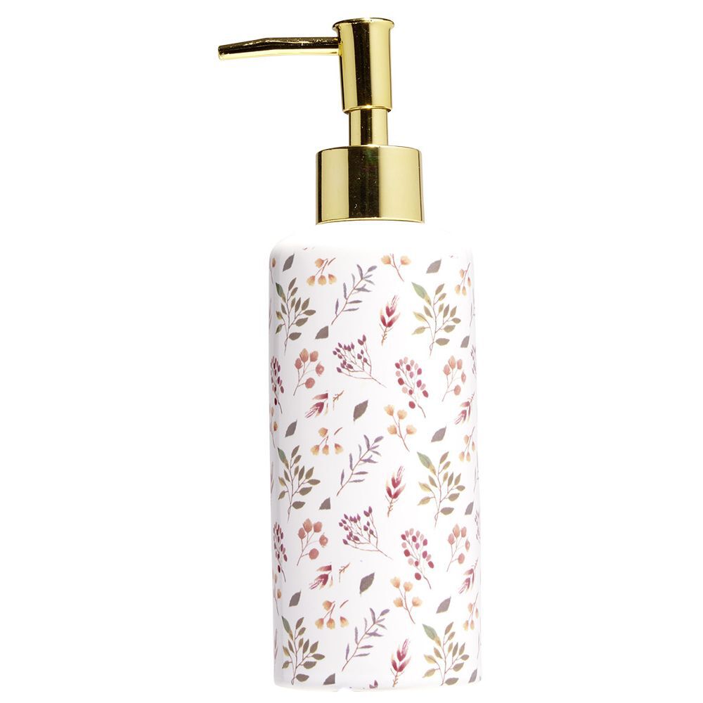 Distributeur de savon céramique motif floral blanc et rose Ø6xH15cm